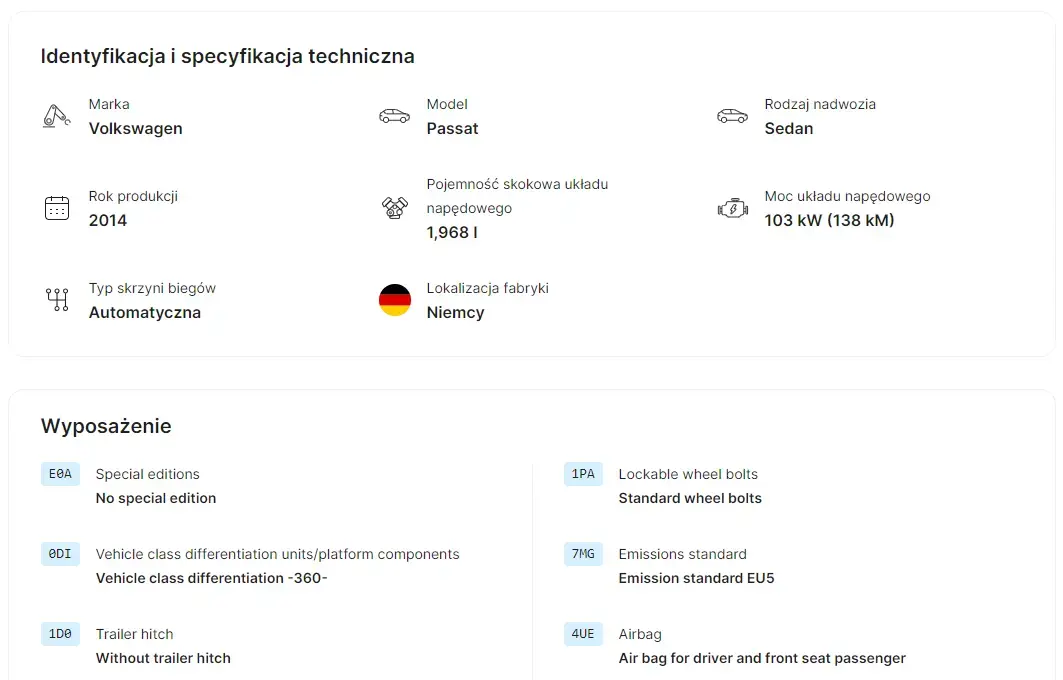 CarVertical equipment and specifications